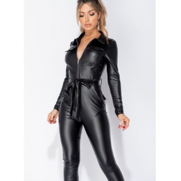 Black Vegan Leather Faux Leather Long Sleeve Belted Bodycon Jumpsuit Playsuit - Picture 4 of 17